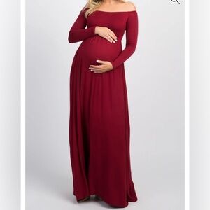 PinkBlush burgundy solid off the shoulder maternity maxi dress